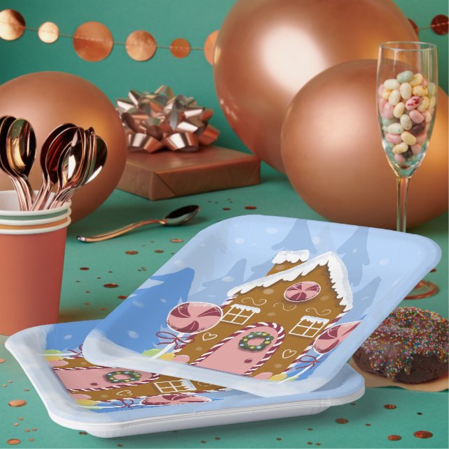 Whimsical Gingerbread House Blue Paper Plates (Multi)