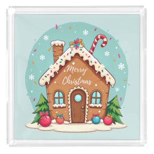 Whimsical Gingerbread House Christmas Scene Acrylic Tray