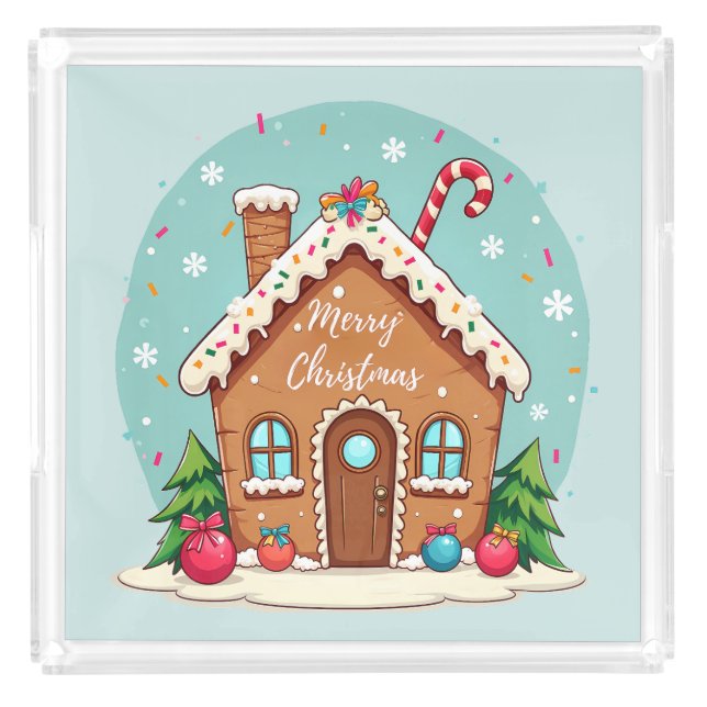 Whimsical Gingerbread House Christmas Scene Acrylic Tray (Front)