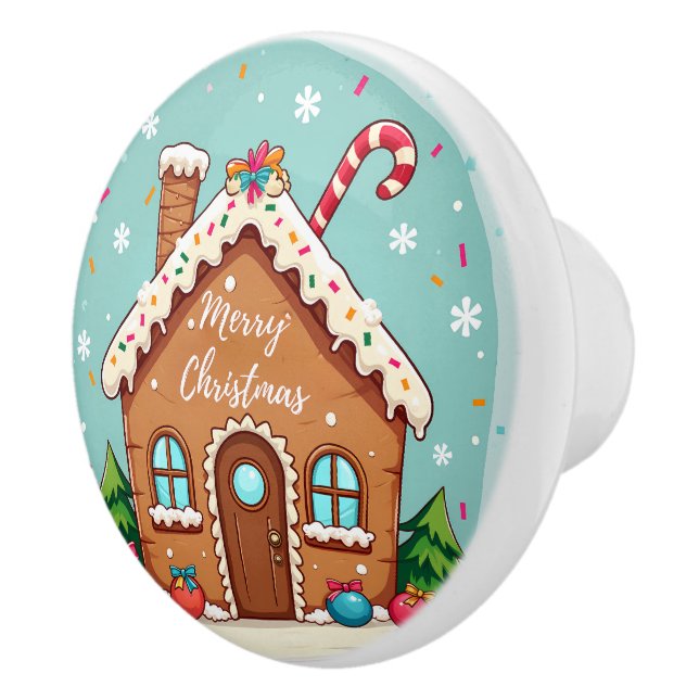Whimsical Gingerbread House Christmas Scene Ceramic Knob (Right)