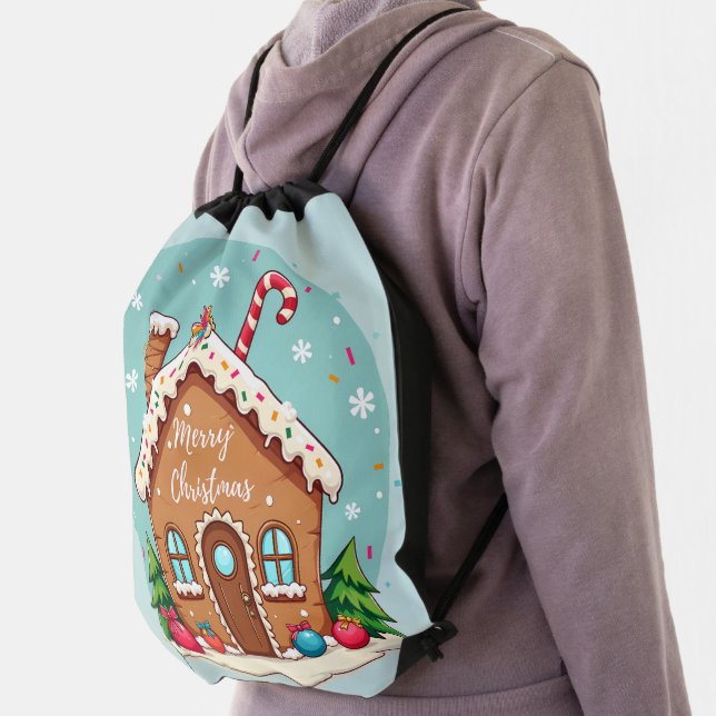 Whimsical Gingerbread House Christmas Scene Drawstring Bag (Insitu)