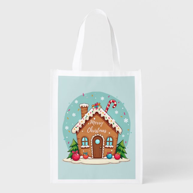 Whimsical Gingerbread House Christmas Scene Grocery Bag (Front)