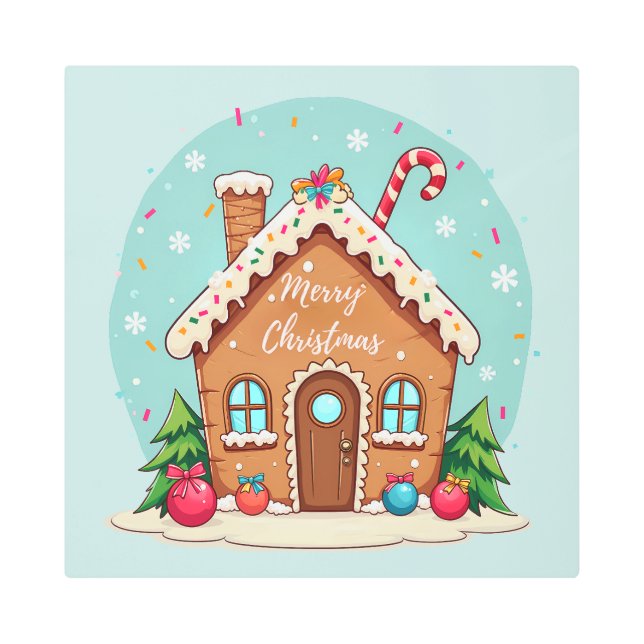 Whimsical Gingerbread House Christmas Scene Metal Print (Front)