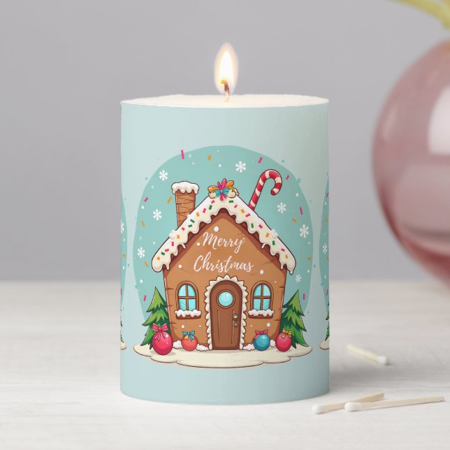 Whimsical Gingerbread House Christmas Scene Pillar Candle (In Situ)