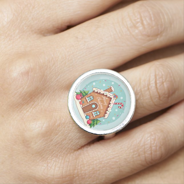 Whimsical Gingerbread House Christmas Scene Ring (In Situ)