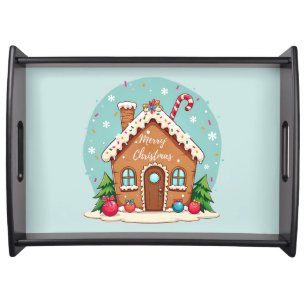 Whimsical Gingerbread House Christmas Scene Serving Tray