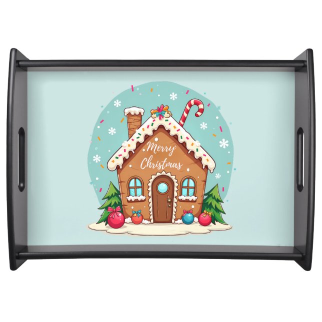 Whimsical Gingerbread House Christmas Scene Serving Tray (Front)