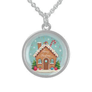 Whimsical Gingerbread House Christmas Scene Sterling Silver Necklace