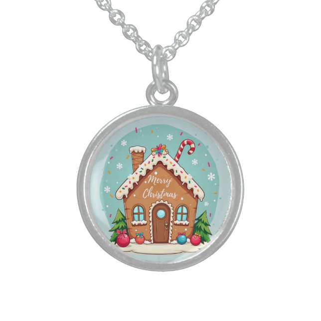 Whimsical Gingerbread House Christmas Scene Sterling Silver Necklace (Front)
