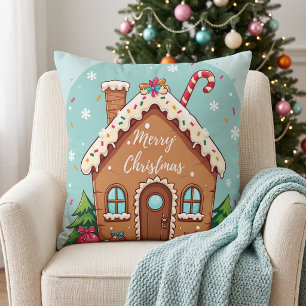 Whimsical Gingerbread House Christmas Scene Throw Pillow
