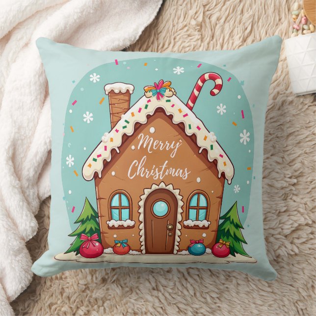 Whimsical Gingerbread House Christmas Scene Throw Pillow (Blanket)
