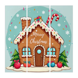 Whimsical Gingerbread House Christmas Scene Triptych
