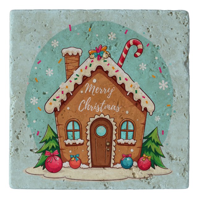 Whimsical Gingerbread House Christmas Scene Trivet (Front)