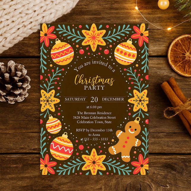 Whimsical Gingerbread Man and Ornaments Christmas Invitation (Creator Uploaded)