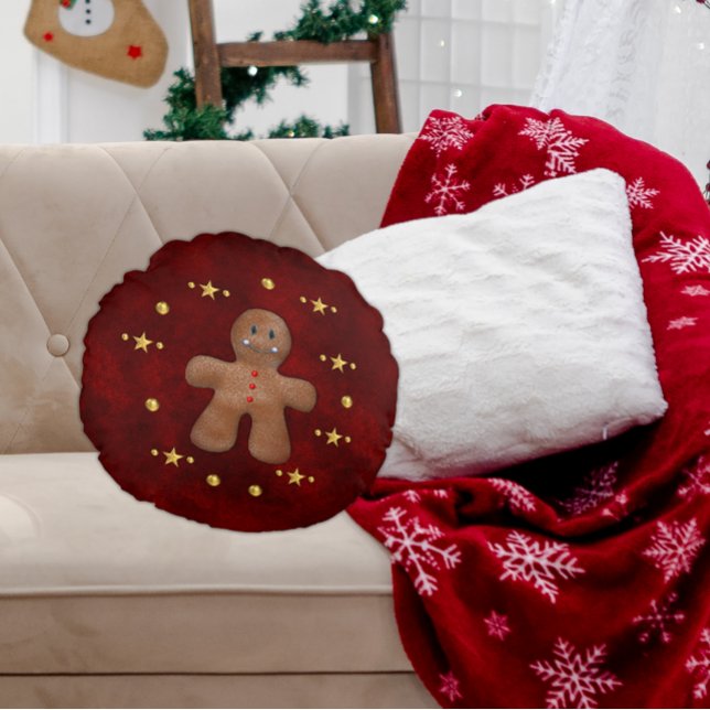 Whimsical Gingerbread Man Christmas Round Pillow (Creator Uploaded)