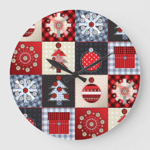 Whimsical Gingham Christmas Patchwork Qui Large Clock