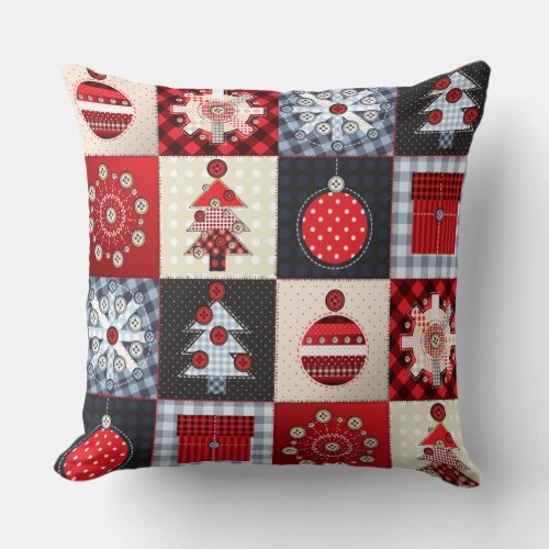 Whimsical Gingham Christmas Patchwork Quil Throw Pillow