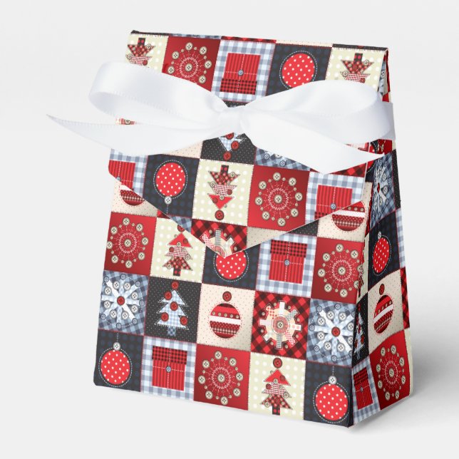 Whimsical Gingham Christmas Patchwork Quilt Favor Boxes (Front Side)
