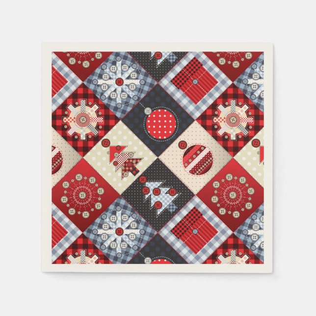 Whimsical Gingham Christmas Patchwork Quilt Paper Napkins (Front)