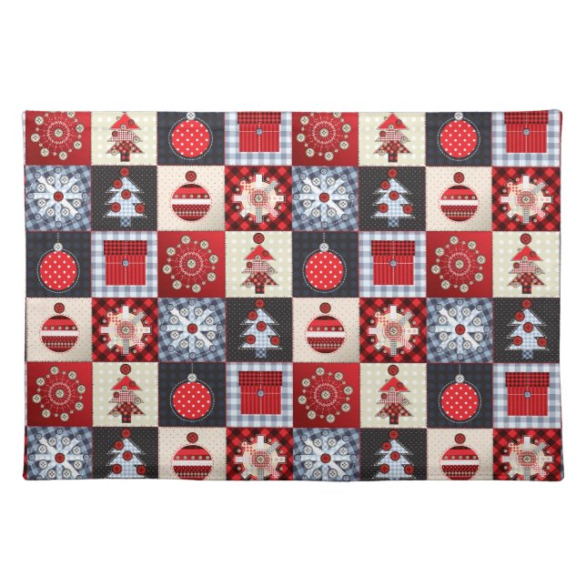 Whimsical Gingham Christmas Patchwork Quilt Placemat (Front)