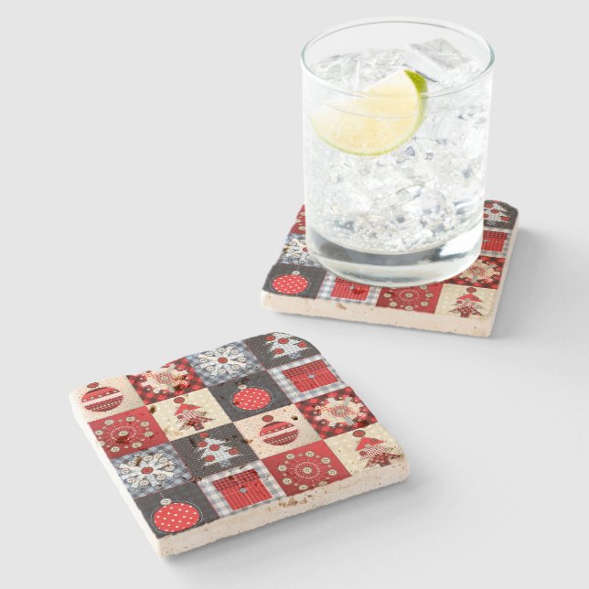 Whimsical Gingham Christmas Patchwork Quilt Stone Coaster (Side)