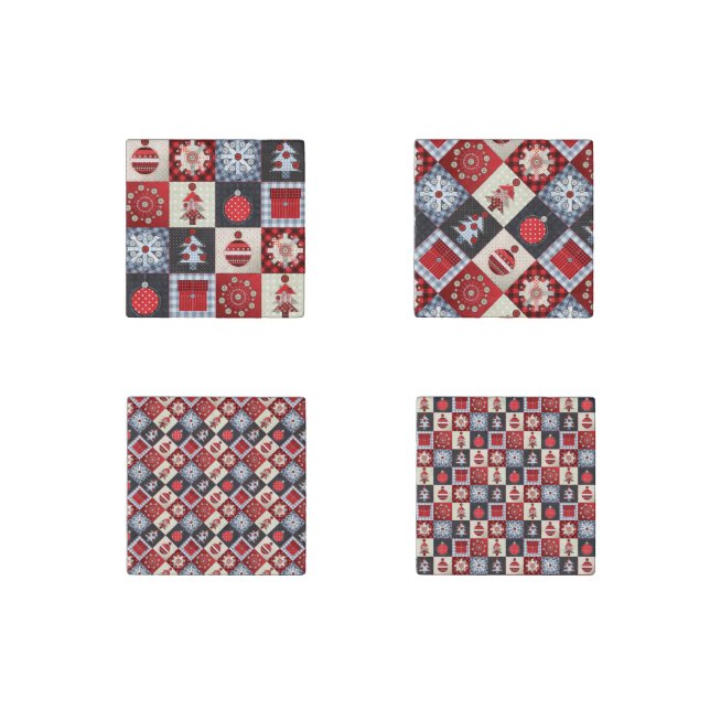 Whimsical Gingham Christmas Patchwork Quilt Stone Magnet (Front)