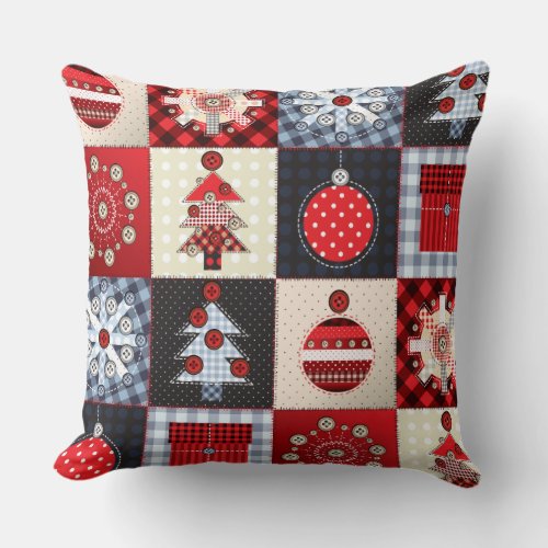 Whimsical Gingham Christmas Patchwork Quilt Throw Pillow