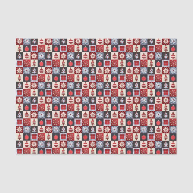 Whimsical Gingham Christmas Patchwork Quilt Tissue Paper (Front)