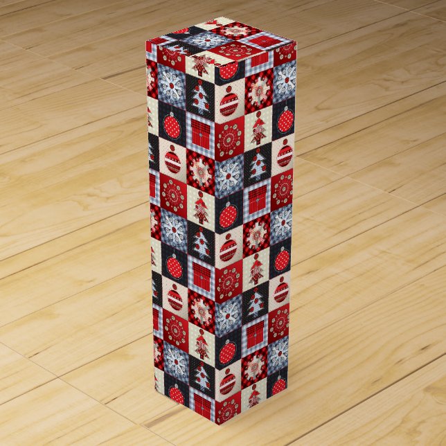 Whimsical Gingham Christmas Patchwork Quilt Wine Gift Box (Front)