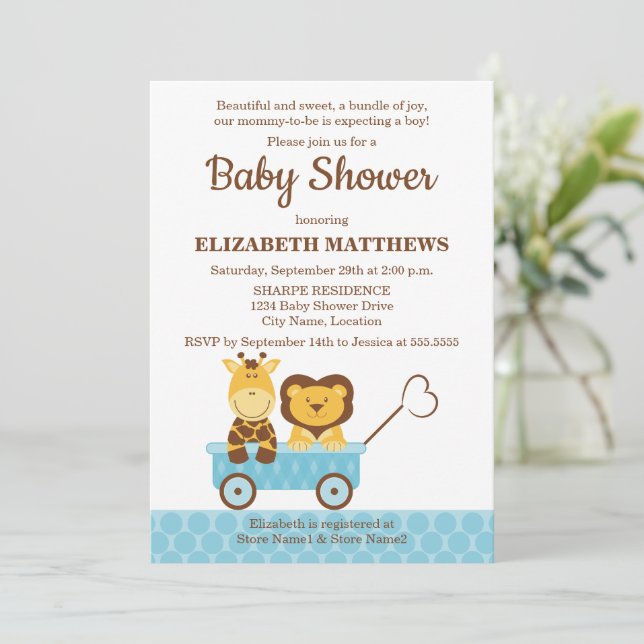 Whimsical Giraffe and Lion Baby Shower Invitation (Standing Front)