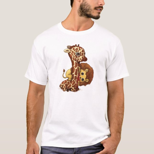 Whimsical Giraffe and Lion Playful Art T-Shirt (Front)