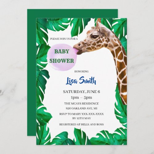 Whimsical Giraffe Blowing Bubble Gum Baby Shower Invitation