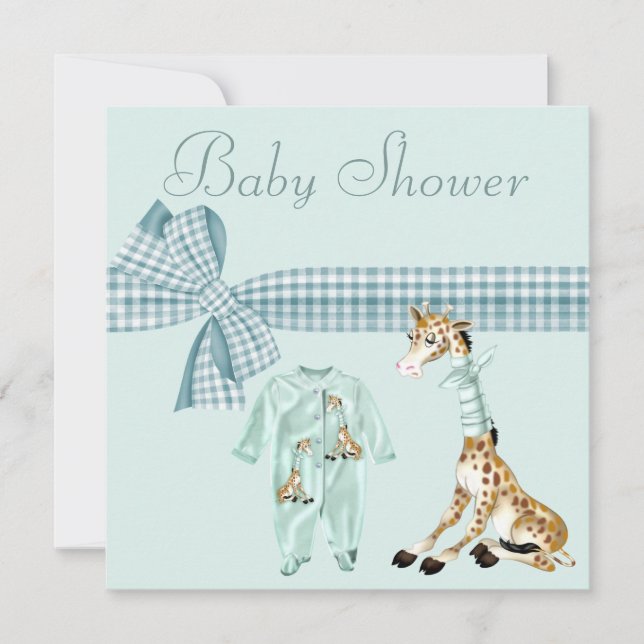 Whimsical Giraffe Blue Baby Boy Shower Invitation (Front)