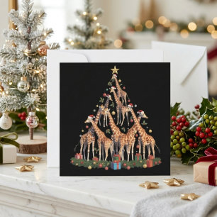 Whimsical Giraffe Christmas Tree with Santa Hats Holiday Card