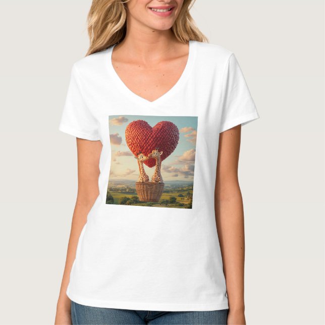 Whimsical Giraffe Couple Hot Air Balloon T-Shirt – (Front)