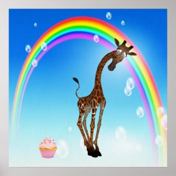 Whimsical Giraffe  Cupcake & Rainbow Poster by Just_Giraffes at Zazzle