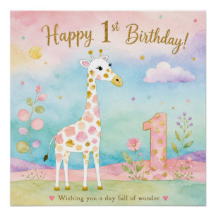 Whimsical Giraffe First Birthday Wonder Poster