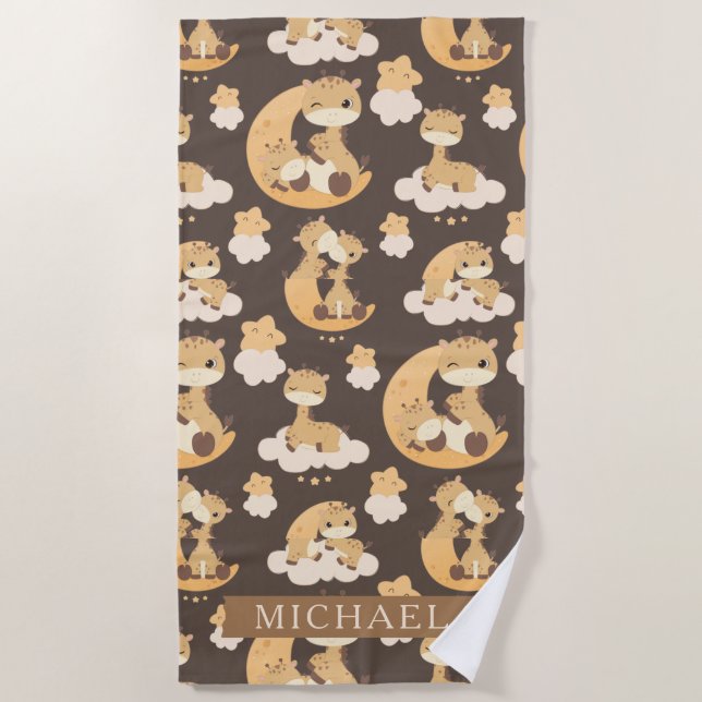 Whimsical Giraffe on Clouds Pattern Custom Name Beach Towel (Front)