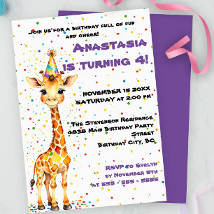 Whimsical Giraffe with Colorful Confetti Birthday Invitation