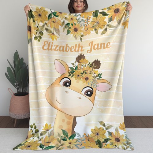 Whimsical Giraffe with Sunflowers  Custom Name Fleece Blanket