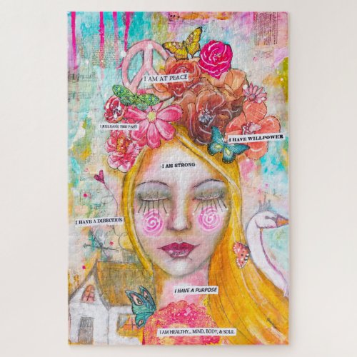 Whimsical Girl Abstract Neon Pink Floral Butterfly Jigsaw Puzzle
