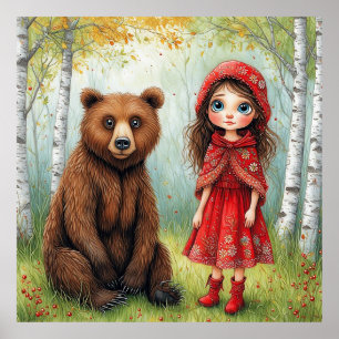 🌲 Whimsical Girl And Bear Forest For Kids Room 🌲 Poster