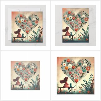 Whimsical Girl and Cat Beside a Floral Heart 