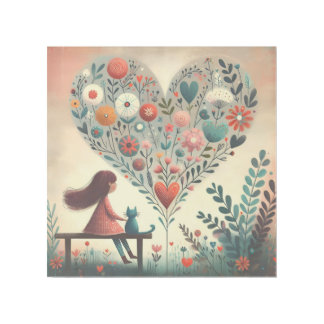 Whimsical Girl and Cat Beside a Floral Heart  Gallery Wrap