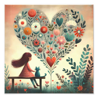 Whimsical Girl and Cat Beside a Floral Heart  Photo Print