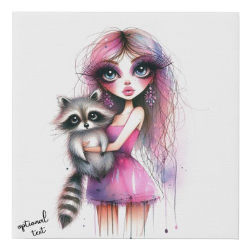 Whimsical Girl and her Raccoon Faux Canvas Print