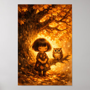 Whimsical Girl and Owl - Oak Tree Autumn Fall Oil  Poster