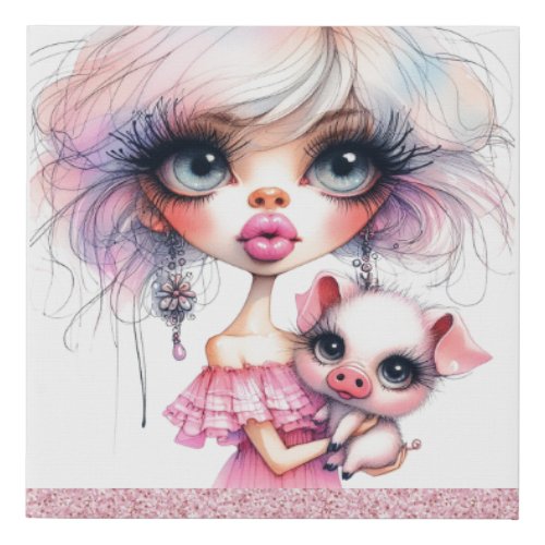 Whimsical Girl and Pet Piggy Faux Canvas Print