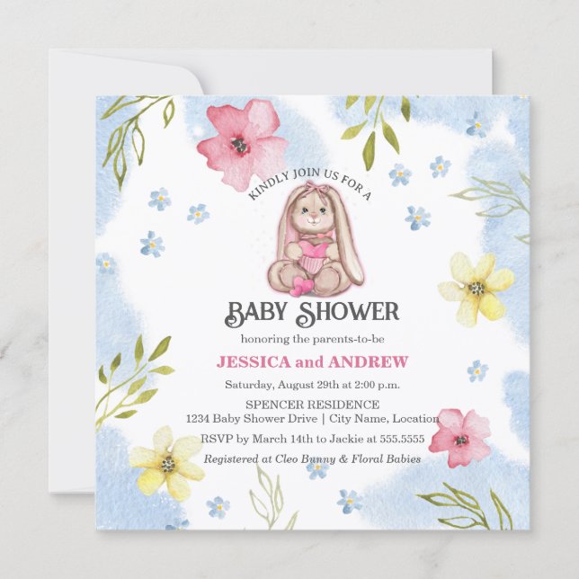 Whimsical Girl Bunny Baby Shower Invitation (Front)