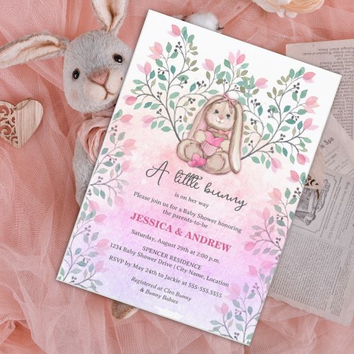 Whimsical Girl Bunny Floral Baby Shower Invitation